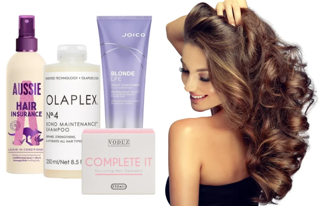 Woman with lucious hair next to a selection of haircare products from Aussie, Olaplex, Joico & Voduz