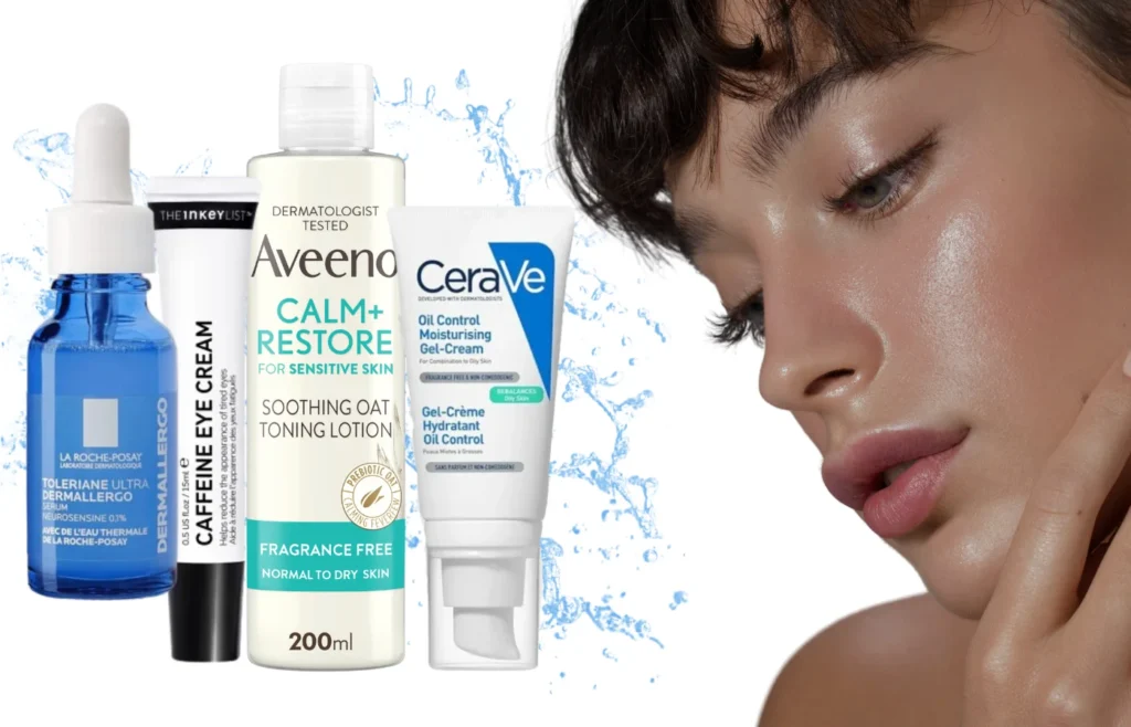 woman with dark hair & glowing skin next to a selection of skincare products from La Roche Posay, The Inkey List, Aveeno and CeraVe.
