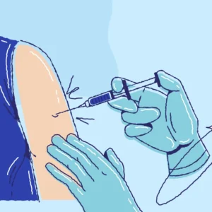 Illustrated graphic of a vaccination needle being inserted into an arm.